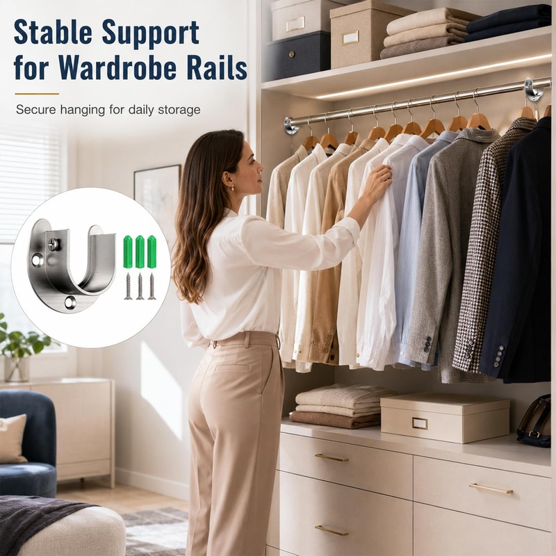 6 Packs Wardrobe Rail Bracket, U Shaped Closet Rod Bracket