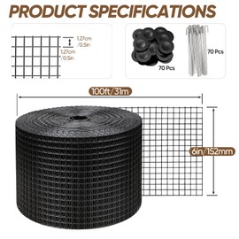 CongGongGo 6" x 100ft Solar Panel Bird Guard, Protection Net 1/2" Mesh PVC Coated Galvanized Steel, Animal Barrier with 70 Fastener Clips for Roof Solar Panels (6in X 120ft)