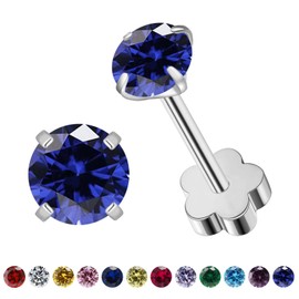VDKIDKT Flower Screw Back Birthstone Stud Earrings for Women Girls, 3mm G23 Tiny CZ Flat Back Stud Earrings, Screw Back Helix Earrings (Silver, 12.Dec-Blue Topaz)