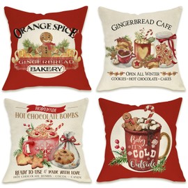 Fahrendom Christmas Gingerbread Red Decorative Throw Pillow Covers 18 x 18 Set of 4, Xmas Bakery Hot Cocoa Cookie Cafe Pillowcase Baking Lover Gifts, Winter Holiday Sofa Couch Cushion Case Home Decor