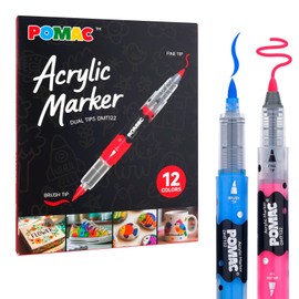 POMAC Rotuladores de Pintura Acrílica de Doble Punta Colores Surtidos, Marcador Acrílico Líquido Directo con Pincel y Punta Fina, Marcador de Pintura (12)
