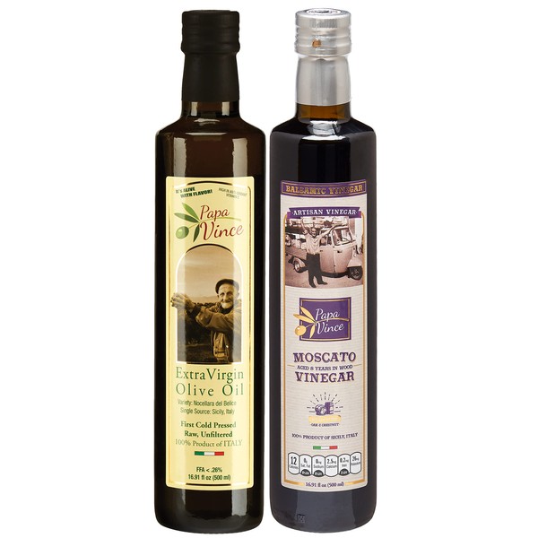 Papa Vince Extra Virgin Olive Oil & Balsamic Set - EVOO First Cold Pressed Dec 2019/20, Vinegar Aged 8-years in wood made by our family in Sicily, Italy, KETO, PALEO, VEGAN - 16.91 oz each