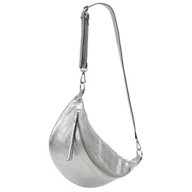 SH Leder Genuine Leather Women's Unisex Chest Bag for Festival Travel Medium Waist Bag Crossbody Bag Adjustable Shoulder Strap Women Leather Bag 37 x 21 cm Greta G747 (Silver)