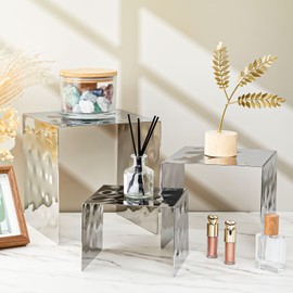 MorningRo Set of 3 Display Stand Stainless Steel with Hammered Finish Food Display Risers Stand Shelf for Catering Dessert Collectibles Jewelry Figures Party