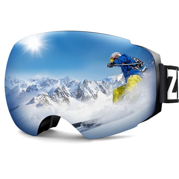 ZIONOR X4 Ski Goggles Magnetic Lens - Snowboard Goggles for Men Women Adult - Snow Goggles Anti-Fog UV Protection (VLT 8.59% Black Frame Revo Silver Lens)