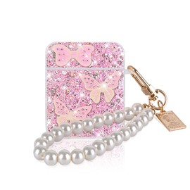 Glitter Case for Airpods 1st&2nd Generation Cover with Pearl Bracelet Keychain,Sparkle Gold Butterfly Design for Women Girls Soft TPU Protective Shockproof Case Cover for Airpods 1/2-Pink