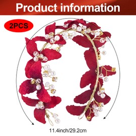 CTEAKOP 2pcs Red Flower Headband, Rhinestone Rose Floral Bridal Hair Band for Women, Crystal Crowns Tiaras Hair Decoration Accessories for Christmas Wedding Engagement Birthday