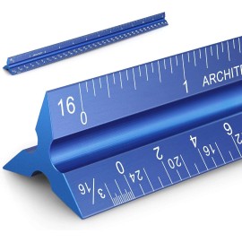 Hutou Blue Triangular Architect Ruler 12 Inch High Grade Aluminum Laser Etched Scales
