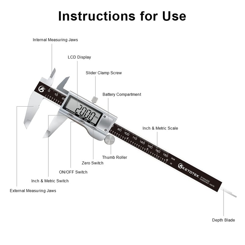 KETOTEK Digital Caliper, Electronic Vernier Caliper 150 mm/6 inch Stainless