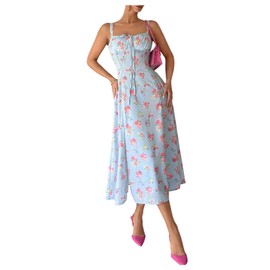 SOLY HUX Women's Floral Print Square Neck High Split Dress Lace Up Sleeveless Flowy Midi Corset Dresses Blue Floral Large