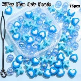 75pcs Blue Hair Beads for Braids 3 Styles Loc Bead Cute Hair Jewelry Heart Shape AB Color Round Beads Hair Decoration Accessories (Blue)
