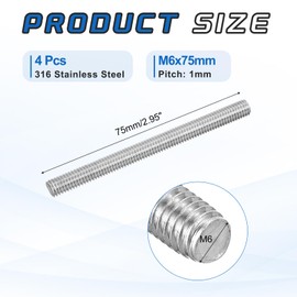 sourcing map 4Pack M6x75mm Fully Threaded Rod, 316 Stainless Steel Right Hand All Thread Screw Studs for Furniture Assembly Fastening, 1mm Pitch