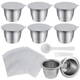 Reusable Capsules for Nespresso OriginalLine - 6pcs Espresso Refillable Pods Stainless Steel Coffee Pods Compatible for Nespresso Originaline Machine(6 Pods+200pcs Lids)