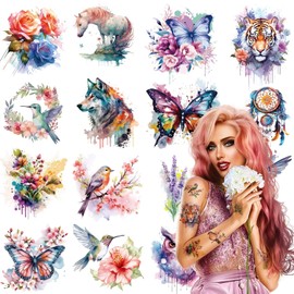 3D Watercolor Temporary Tattoos For Adult Women-Large Flower Hummingbird Butterfly Rose Lavender Realistic Long Lasting Fake Tattoo Stickers Colorful Fake Tattoos For Girls