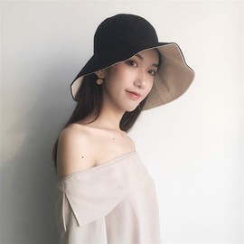 LeafIn Women's UV Protection, Reversible Hat, Spring, Summer, Sun Hat, Hat, Drawstring Cotton, Wide Brim, Small Face Effect, 22.0 - 22.8 inches (56 - 58 cm), Brim 5.1 inches (13 cm), Black