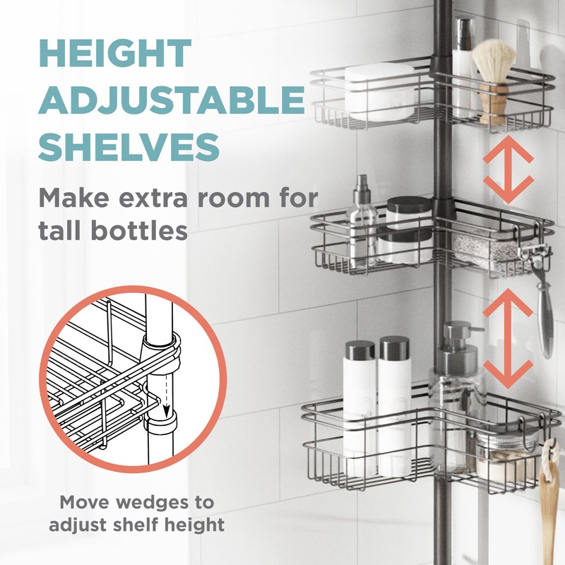 Zenna Home Tension Pole Shower Caddy Corner Organizer, Adjustable Standing