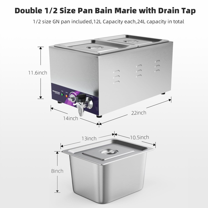 TOPKITCH 2-Pan Commercial Food Warmer with Non-Leakage Stretch-Forming Water Tank