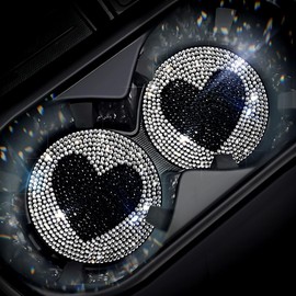 Murimt 2pack Bling Car Cup Holder Coasters Cute Crystal Rhinestone Coaster for Car Drink Coaster Non-Slip Sparkly Car Accessories for Women Interior Cute Set, Bd-white Bottoms Black Heart