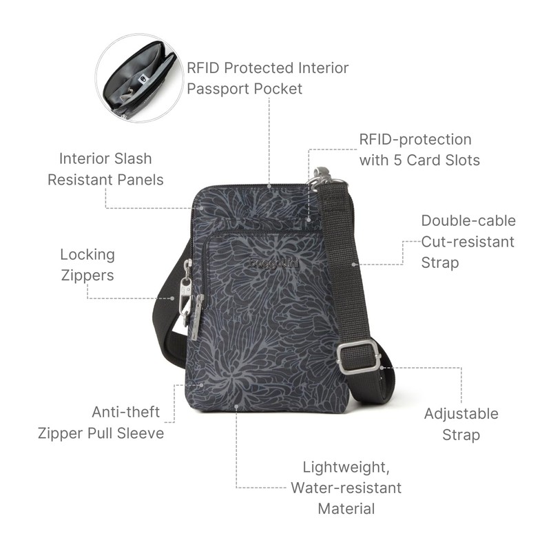 Baggallini Securtex - Bolso cruzado antirrobo para mujer, bolso pequeño