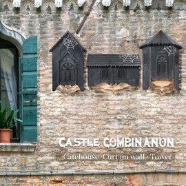 Wooden Castle Bat House with Gatehouse/Tower/Curtain Wall Design, Large Ventilated 2/3 Chamber Bat Box, Ideal for Outdoor Bat Attraction, Easy to Hang (Black, Gatehouse - 3 Chamber)