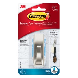 Command Modern Reflections Metal Bath Hook, Medium, Satin Nickel, 1-Hook with Water-Resistant Strips (MR02-SN-BES), Organize Your Dorm