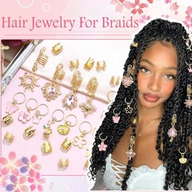 36PCS Pink Crystal Hair Jewelry Butterfly Braids Clips Flower Loc Jewelry Pearl Hair Charms Gold Hair Cuffs Rings Valentine's Day Braids Accessories f