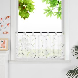 HeichkelL Voile Net Curtain, Transparent Curtain, Bistro Curtain with Waves Modern Short Curtains with Loops, Green, H x W 60 x 90 cm