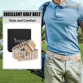 JASGOOD Stretchy Braided Belt for Men Elastic Woven Belt for Jeans Pants 1 3/8" Casual Men Women Golf Belt, Gift Box(Beige/White, 33''-38'' waist adjustable)