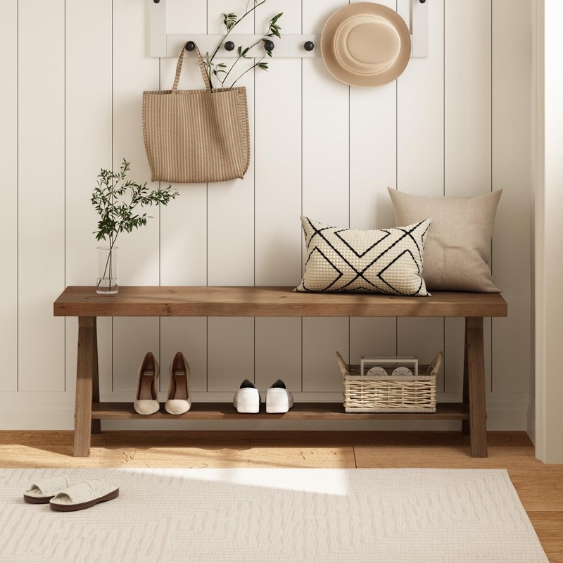 RowyPoey 51" Solid Wood Bench, Long Farmhouse Entryway Bench with
