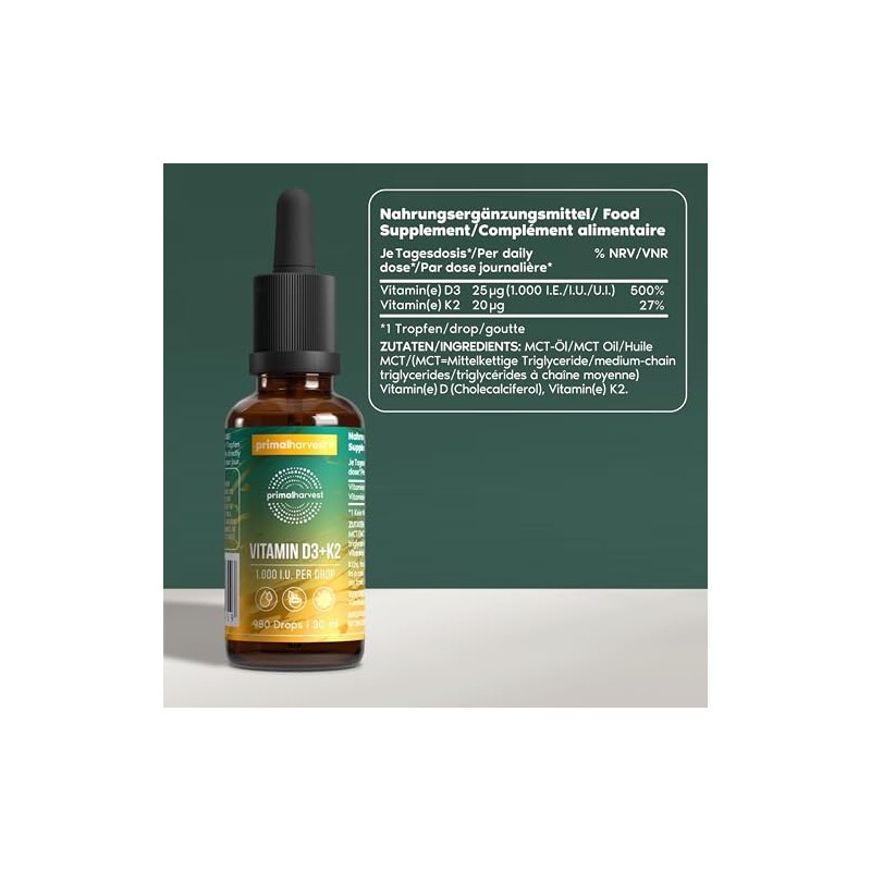 Primal Harvest Vitamin D3+K2 - Daily Supplement, Gluten Free, Vegetarian