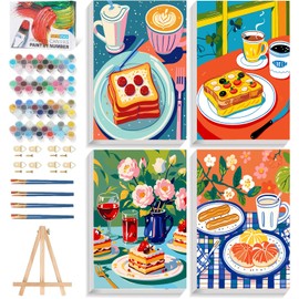 bleihum 4 Pack Framed Paint by Numbers Kit for Adults- Food Acrylic Paint by Number, Foods Adult Painting by Number Kits on Canvas for Home Decor 8x12inch
