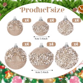 Poen 24 Pcs Glitter Christmas Ball Ornaments Set Christmas Tree Ornaments Hanging Sequin Foam Christmas Balls Decoration for Xmas Tree Wreath Garland Christmas Home Decor Wedding Party (Champagne)