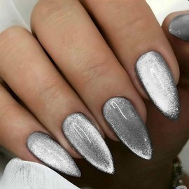 24Pcs Gray Press on Nails Short Almond Nail Tips WLGDLH Cat Eye Fake Nails Press ons Glossy False Nails Acrylic Nail Art Kit with Glitter Design Full Cover Glue on Nails for Ma'am