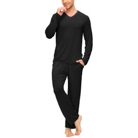 JINSHI Men's Pyjamas Set Lounge Wear Pants Bottom Long Sleeve V-Neck T Shirts Soft Comfy 2 Piece Pjs Sleepwear Set Black Size L