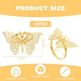 Lvjkes Pack of 12 Napkin Rings, Napkin Rings, Gold, Elegant Hollow Butterfly Napkin Ring, for Wedding Banquet, Anniversary Party, Birthday, Festival, Christening, Table Decoration (Gold)