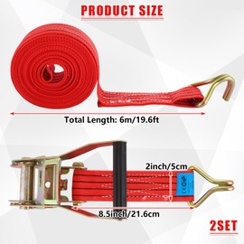 AHAQU 2PCS Heavy Duty Ratchet Straps, 50mm x 6m Ratchet Tie Down Straps, 2000kg Break Strength, Adjustable Lashing Straps with Handle and Metal J Hook for Motorcycle, Cars, Trucks- Red