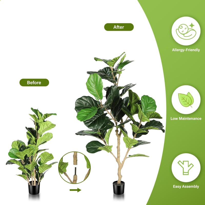 FEELEAD Artificial Fiddle Leaf Fig Tree 4ft - Fake Fig