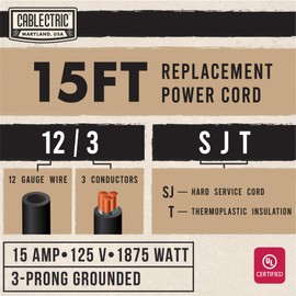 Cablectric 12 Gauge Power Cord Replacement with Open End - 15ft Black 3 Prong Power Cable, 12/3 SJT, NEMA 5-15P - 15 Amp, 12 AWG Extension Cord for Major Appliances
