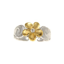 Arthur's Jewelry 925 sterling silver rhodium plated yellow gold plated Hawaiian plumeria cz scroll cut out edge toe ring