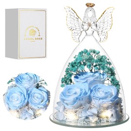 Tiaronics Glass Angel Figurine with Three Roses Gifts, Preserved Forever Real Rose Gifts for Women, Angel Guardian with Rose for Valentine Day Mothers Day, Sky Blue White