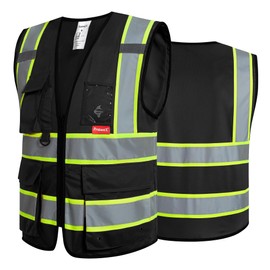 ProtectX 9 Pockets Safety Vest for Men Women High Visibility Reflective Vest for Construction Work Class 2 Black Large