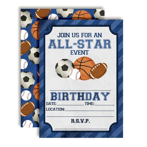 Blue All Star Sports-Themed Birthday Party Invitations for Boys, 20 5"x7" Fill In Cards with Twenty White Envelopes by AmandaCreation