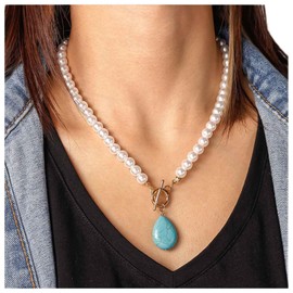 Cimenexe Bohemian Teardrop Turquoise Pendant Necklace Beaded Pearl Choker Necklace Water drop Turquoise Necklace Gold T Bar Toggle Necklace Jewelry for Women and Girls Gifts