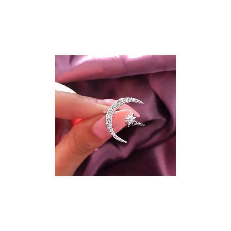 Cutedoumiao Silver Opening Ring Crescent Shape Rhinestone Finger Band Half