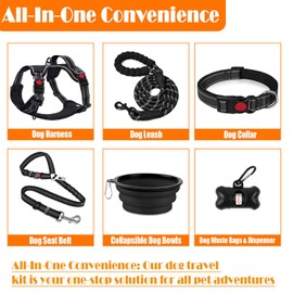 LOBEVE No Pull Dog Harness, Collar & Leash Set | Includes Dog Seat Belt, Collapsible Bowls & Poop Bag Dispenser. Ideal for Training, Walking, Hiking. Fits Small to Large Dogs(Black-S)