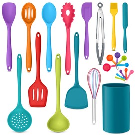 E-far Silicone Cooking Utensils Set, 24Pcs Heat Resistant Kitchen Utensil with Holder, Silicone Kitchen Tools with Spatula Turner Spoon Tongs Whisk, Non-Toxic & Dishwasher Safe (Colorful)