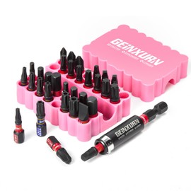 Geinxurn Impact Screwdriver Bits Set, 33 Pieces 1”Multi Head Magnetic S2 Steel Driver Bits PH/SQ/Torx/Slotted/Hex/Security Torx With Pink Soft Base