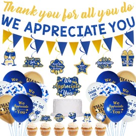 DARUNAXY Blue Gold We Appreciate You Party Decorations, Thank You All You Do Banner Hanging Swirl Confetti Balloons for Coworker Staff Teacher Nurse Appreciation Gifts for Graduation Business Funeral