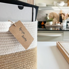 Goodpick Woven Storage Baskets for Organizing, Dog Toy Basket Medium Empty Gift Basket with Handles, Square Wicker Basket, White and Jute Storage Bin, 13.5 x 11 x 9.5 Inches