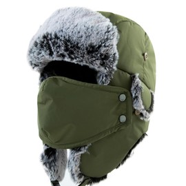 TOP-EX XL/XXL Waterproof Winter Trapper Hat with Faux Fur Earflaps & Mask & Adjustable Chin Strap - Warm Unisex Windproof Hat for UK Cold & Wet Weather (UK, Alpha, M, L, Green)